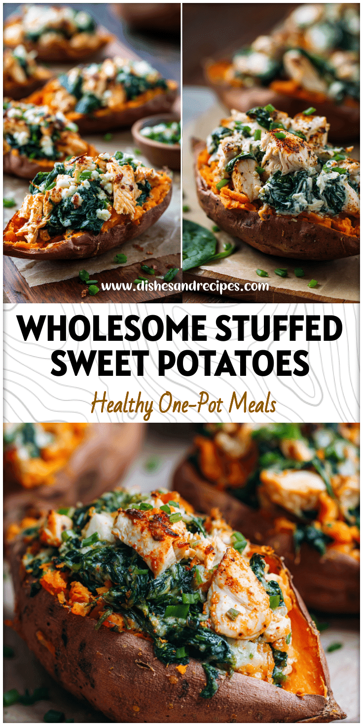 Baked sweet potatoes stuffed with juicy chicken and fresh spinach, a colorful Spinach Sweet Potato Recipe.